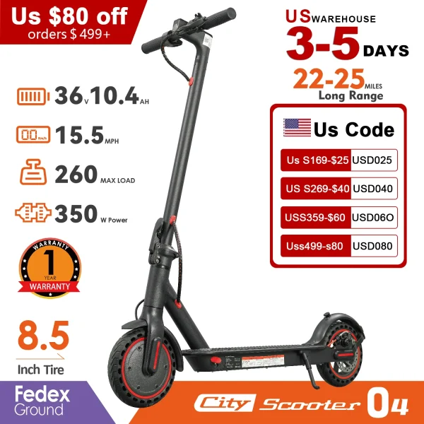 350W Foldable Long Range Solid Tyre Lightweight Smart App 10.4Ah 15.6MPH Folding Kick Folding Adults Electric Scooter  US Stock