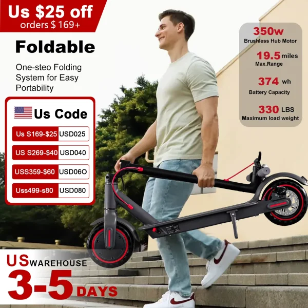 HEZZO 36V 350W 15.6MPH Electric Scooter HS-04Pro 10.4Ah 18mile Self-Balance Lightweight 8.5"Tire Folding Kick Escooter Smart App