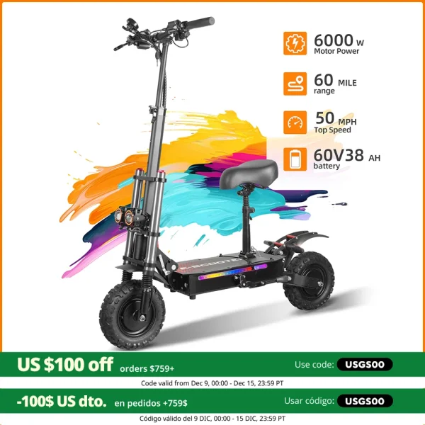 50MPH Electric Scooter for Adults | 6000W Dual Motor, Hydraulic Suspension, 440lbs Load