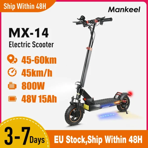 Mankeel MX-14 Electric Scooter 800W 10Ah with 10" Air-Filled Off-Road Tire Max 60km Range Dual Braking System Escooter for Adult